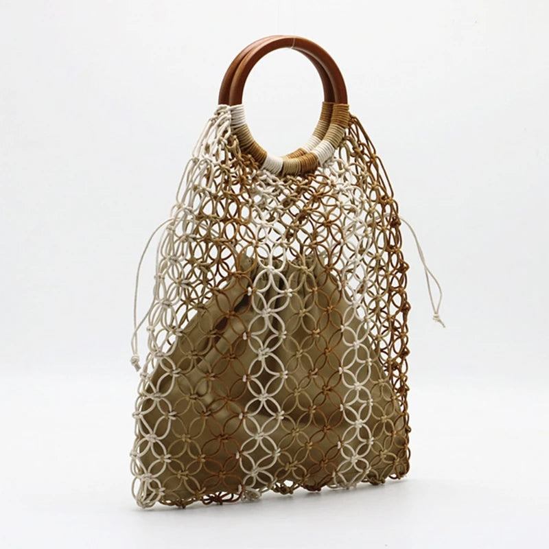 Straw Handbag with Wooden Handle Hollow Out Contrast Striped Net Tote Bag