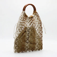 Straw Handbag with Wooden Handle Hollow Out Contrast Striped Net Tote Bag