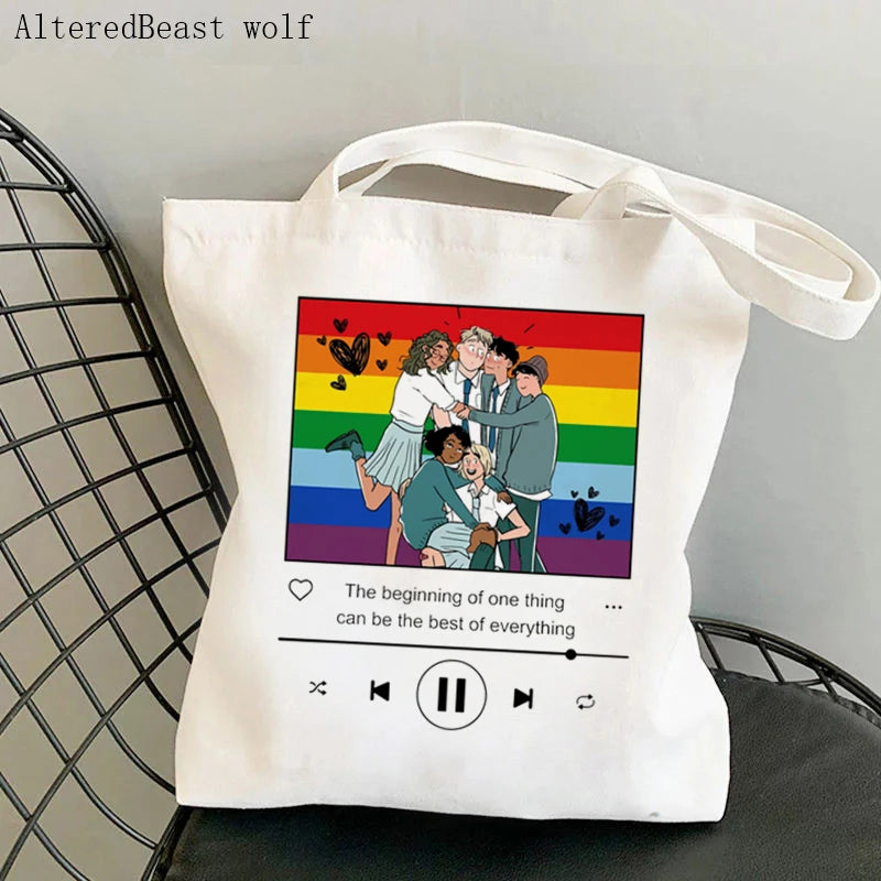 Women Heartstopper Rainbow Pride Gay Shopper Bag Harajuku Shopping Canvas Tote