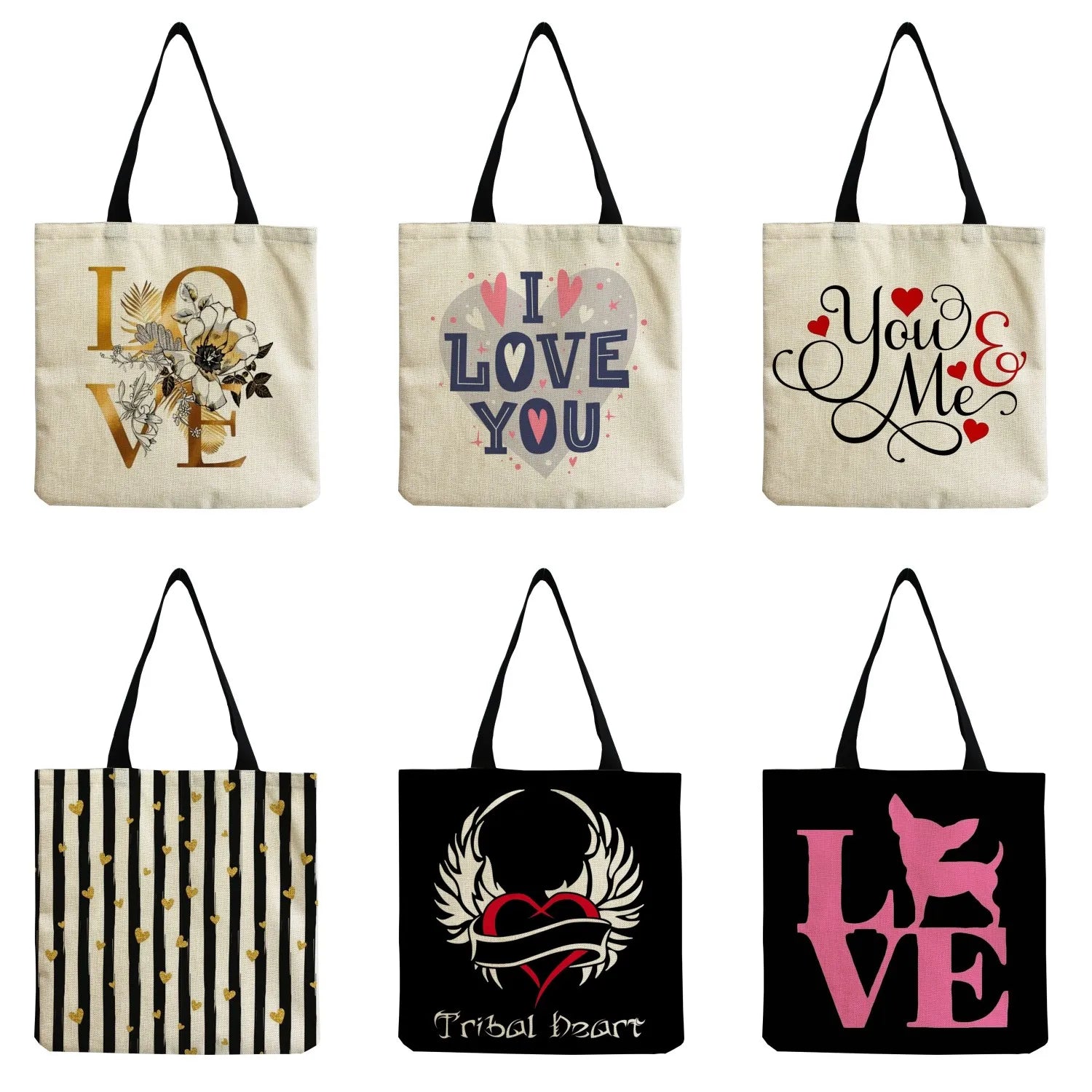 High Capacity Eco Friendly Tote Bag Love Heart Print