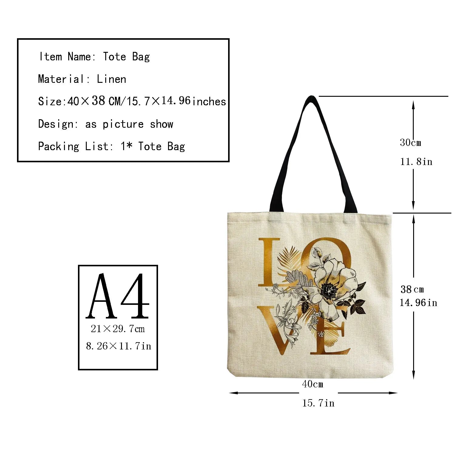 High Capacity Eco Friendly Tote Bag Love Heart Print