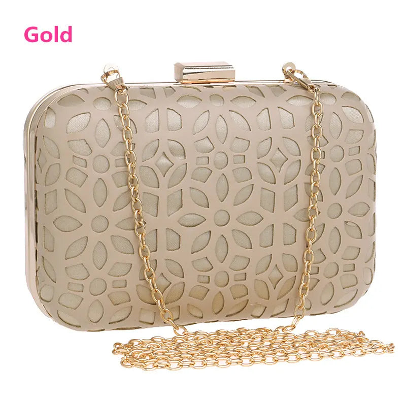 Women Hollow Out Evening Bags with Chain Shoulder Clutch Black/Gold