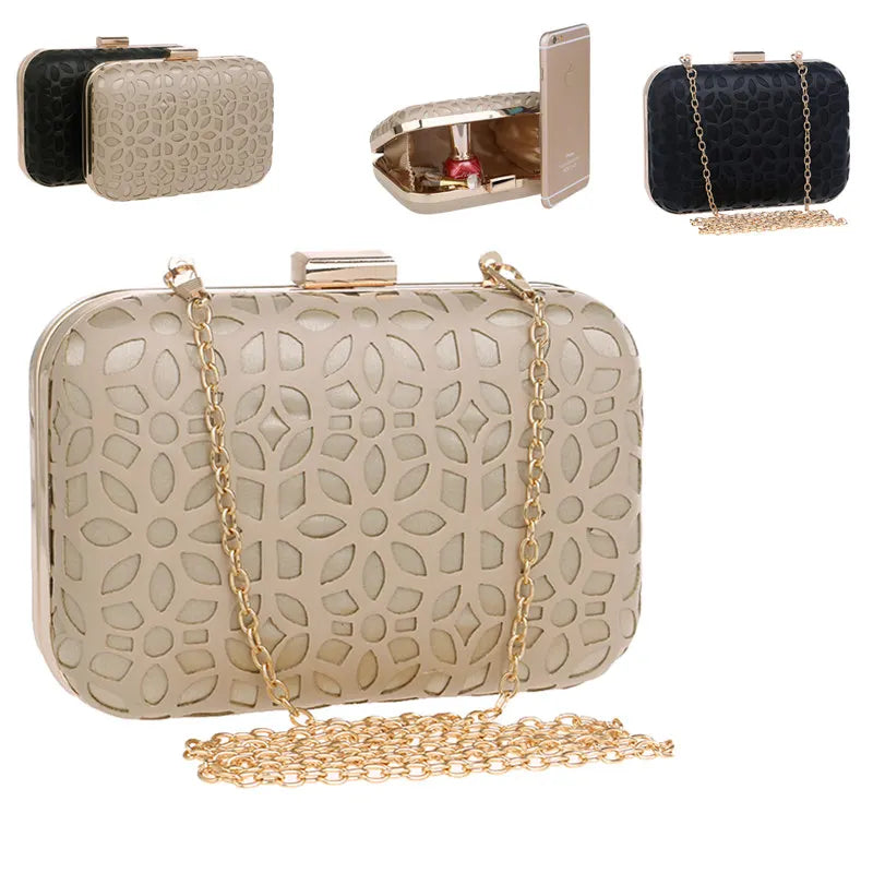 Women Hollow Out Evening Bags with Chain Shoulder Clutch Black/Gold