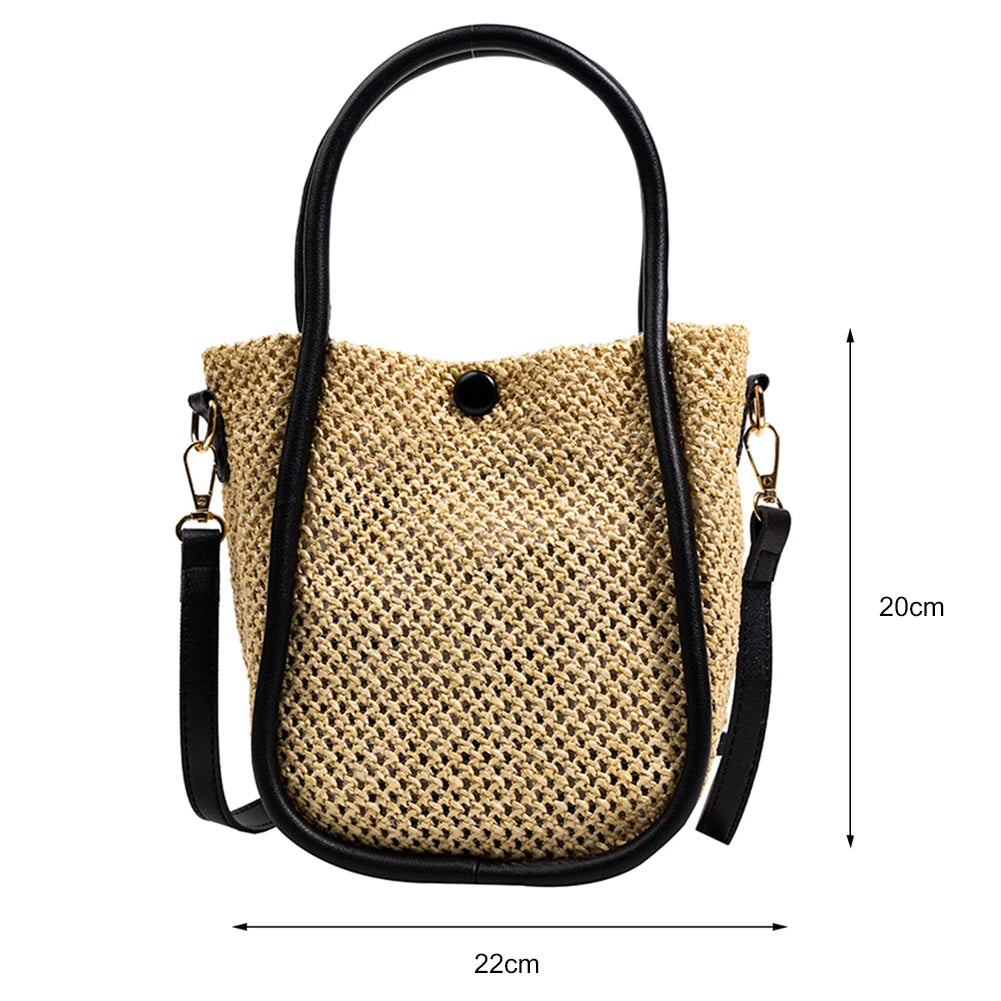 Women Hollow Straw Handbag Woven Beach Holiday Leather Shoulder Crossbody Bags