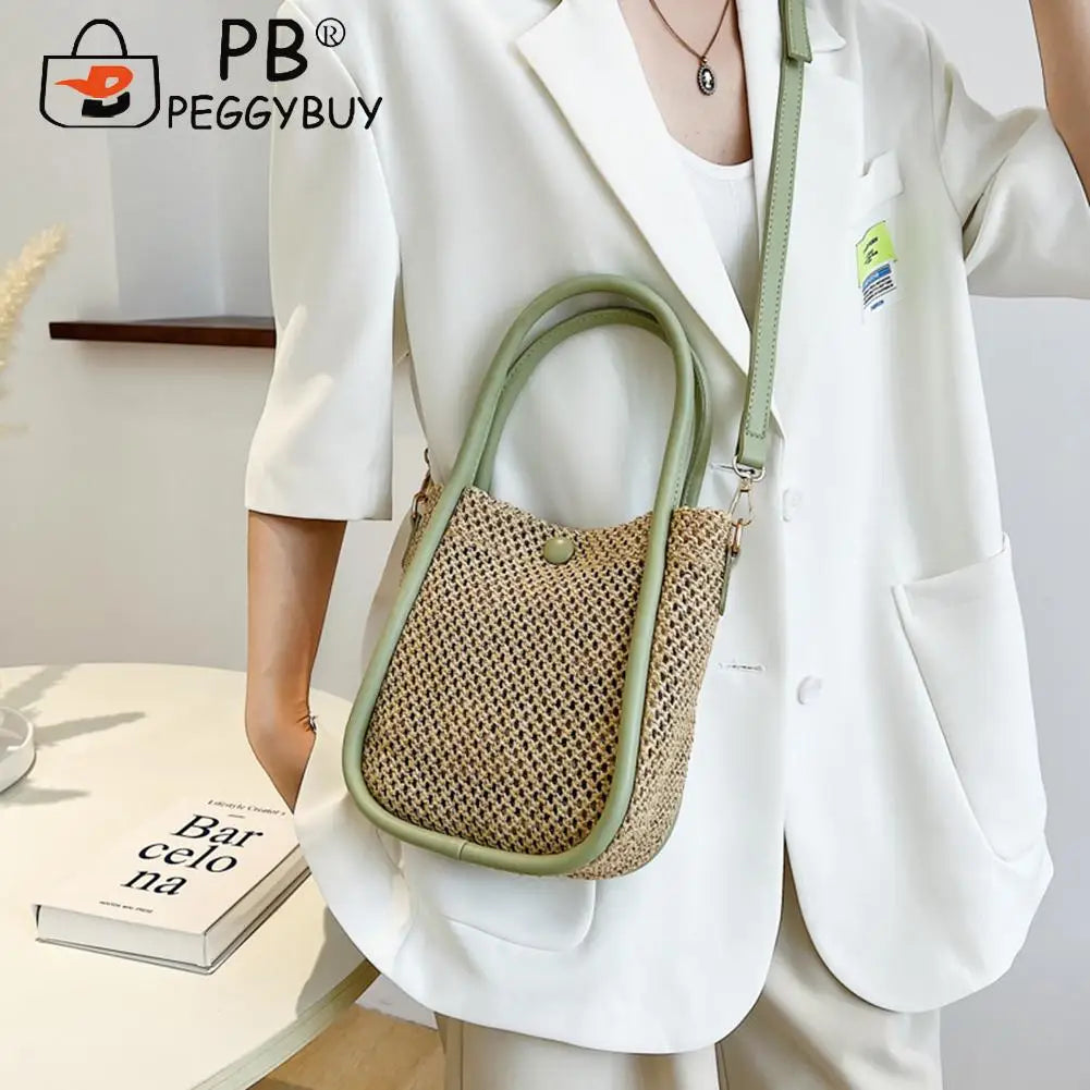 Women Hollow Straw Handbag Woven Beach Holiday Leather Shoulder Crossbody Bags