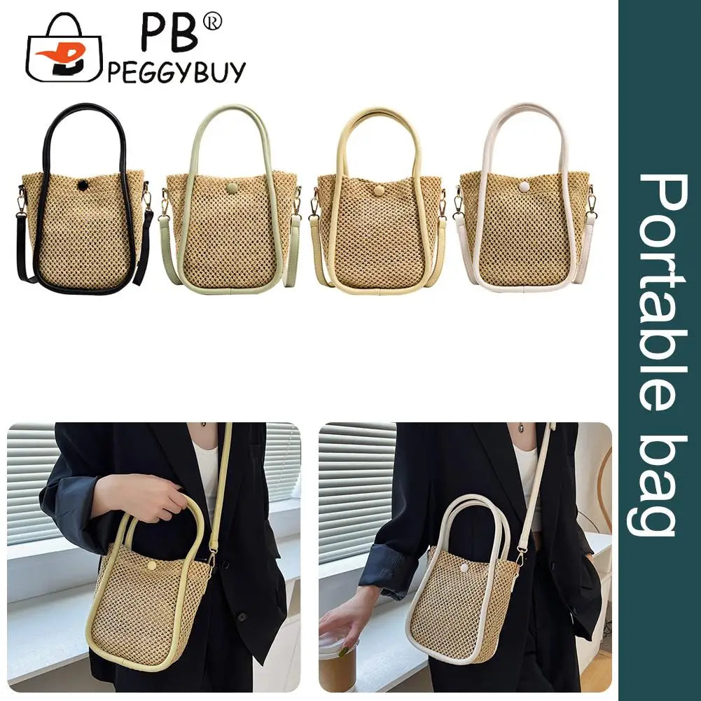 Women Hollow Straw Handbag Woven Beach Holiday Leather Shoulder Crossbody Bags