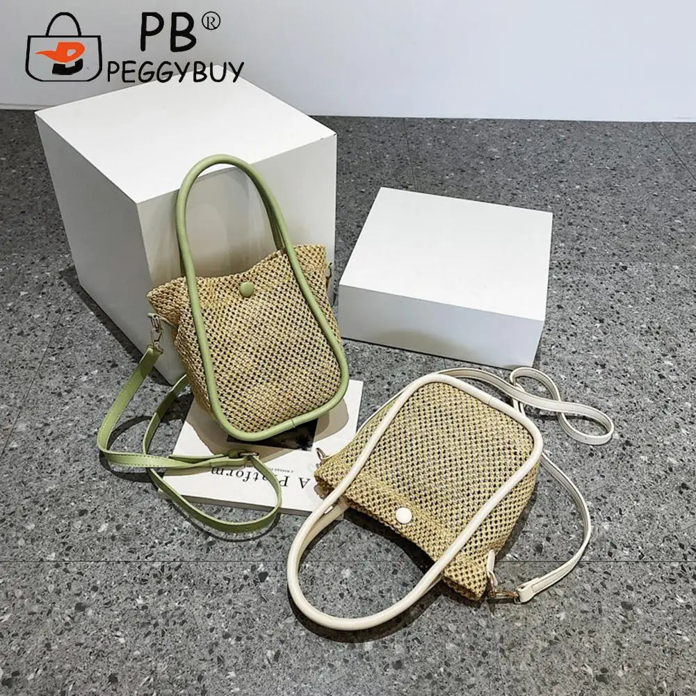 Women Hollow Straw Handbag Woven Beach Holiday Leather Shoulder Crossbody Bags