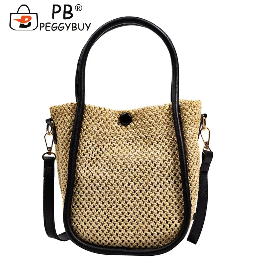 Women Hollow Straw Handbag Woven Beach Holiday Leather Shoulder Crossbody Bags