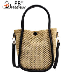 Women Hollow Straw Handbag Woven Beach Holiday Leather Shoulder Crossbody Bags