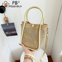 Women Hollow Straw Handbag Woven Beach Holiday Leather Shoulder Crossbody Bags