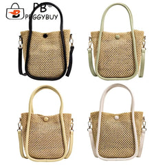 Women Hollow Straw Handbag Woven Beach Holiday Leather Shoulder Crossbody Bags