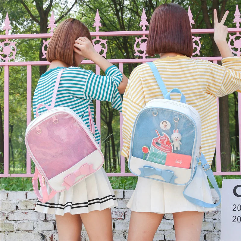 Women Ita Bag Backpack Transparent Bagpack Lovely Bow PU Backpacks