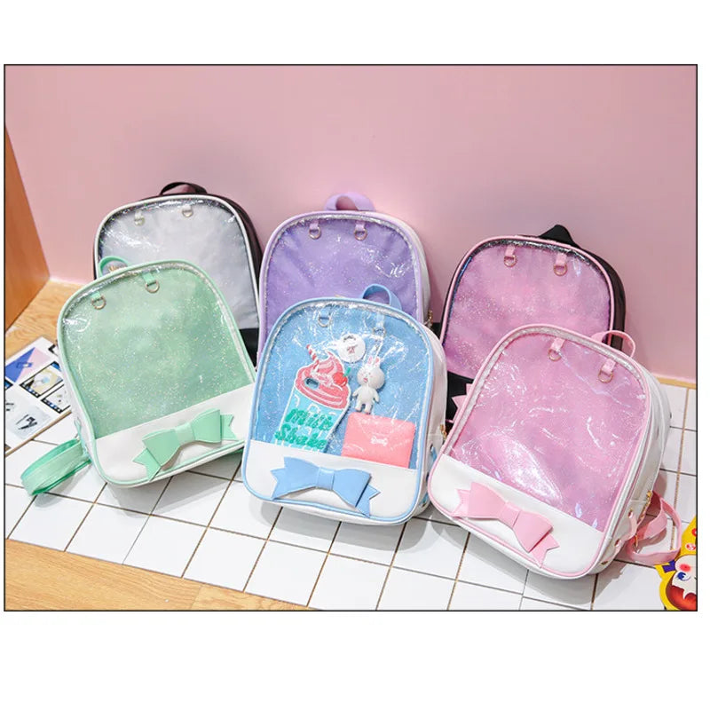 Women Ita Bag Backpack Transparent Bagpack Lovely Bow PU Backpacks
