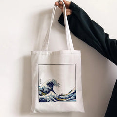 Japanese Wave Canvas Shopper Bag Harajuku 90s Vintage Shoulder Handbag