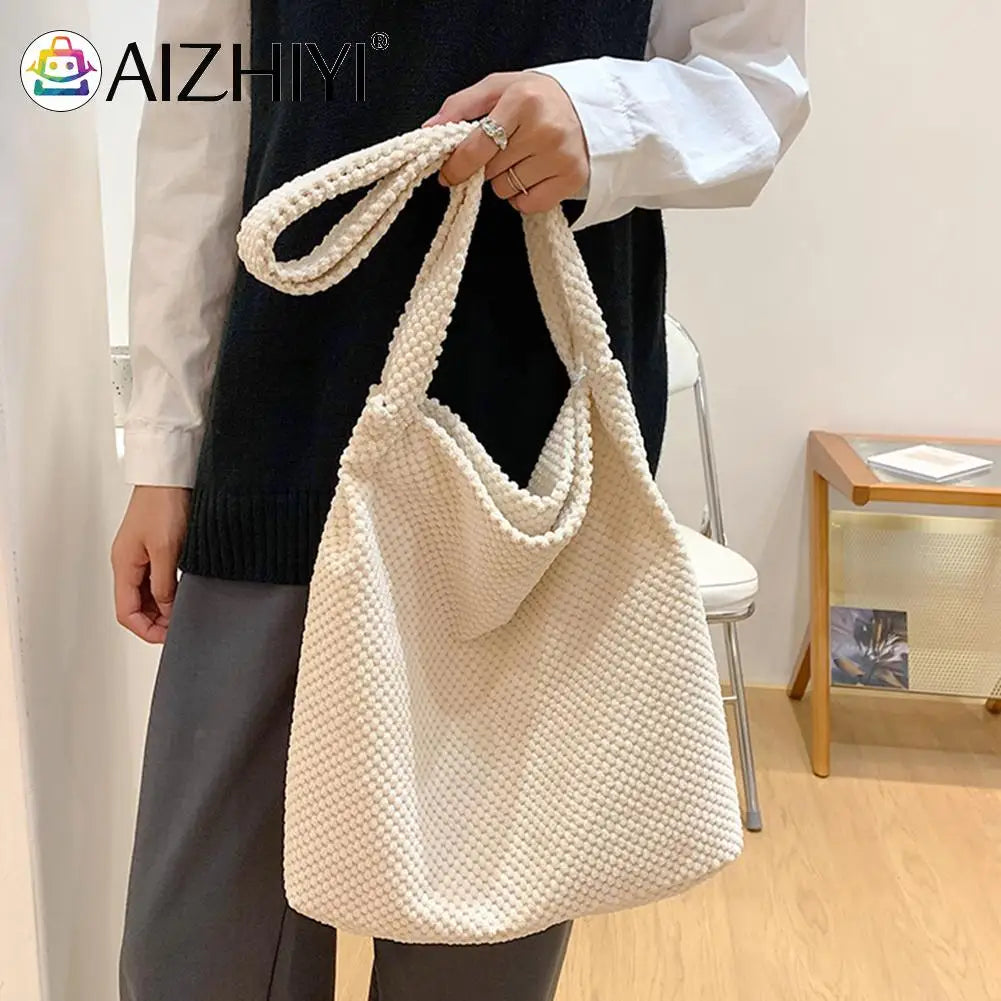 Women Knitting Shoulder Bag Lady Autumn Crochet Zipper Handbag Large Shopping