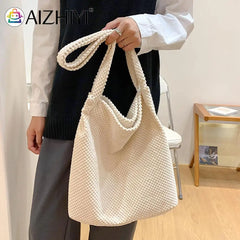 Women Knitting Shoulder Bag Lady Autumn Crochet Zipper Handbag Large Shopping
