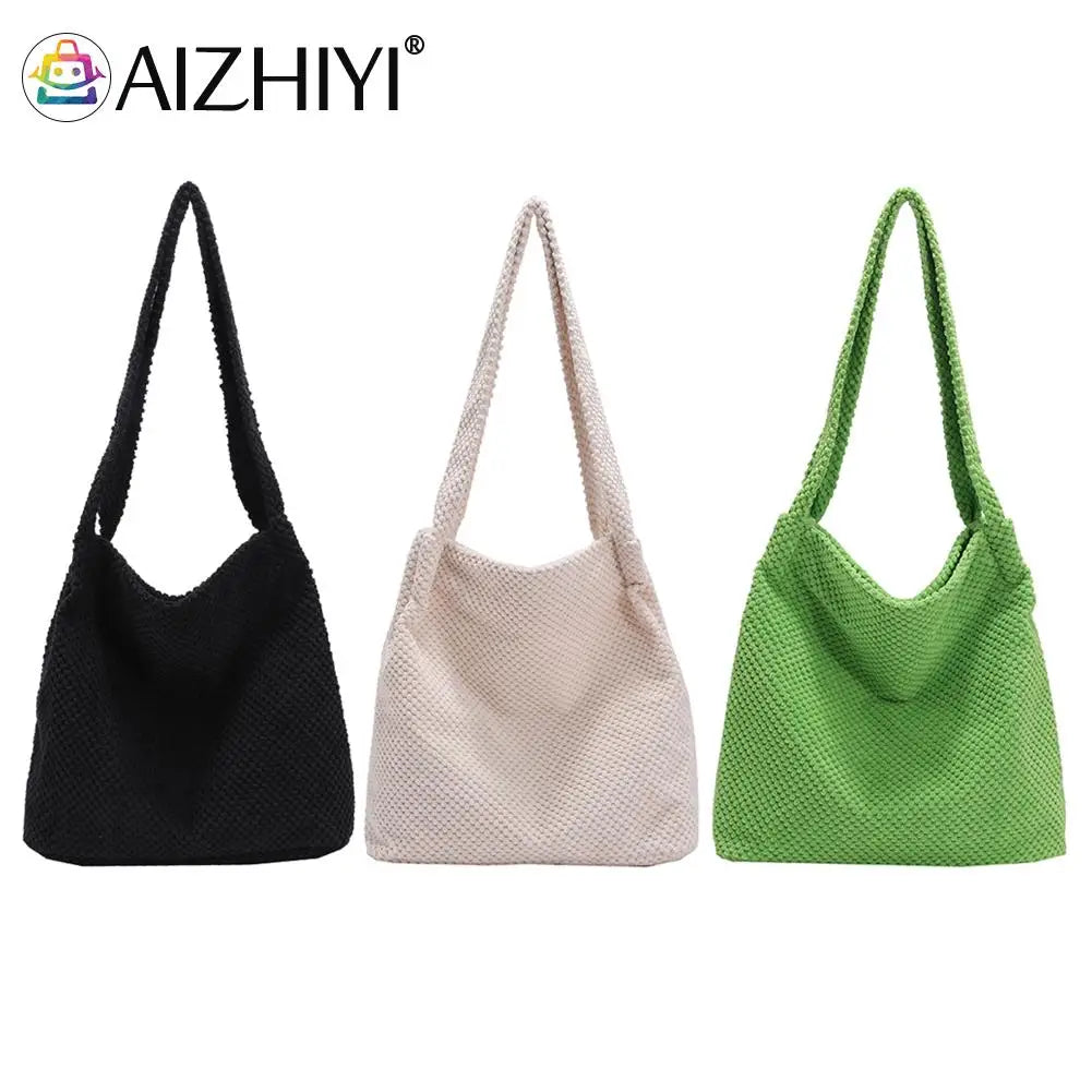Women Knitting Shoulder Bag Lady Autumn Crochet Zipper Handbag Large Shopping