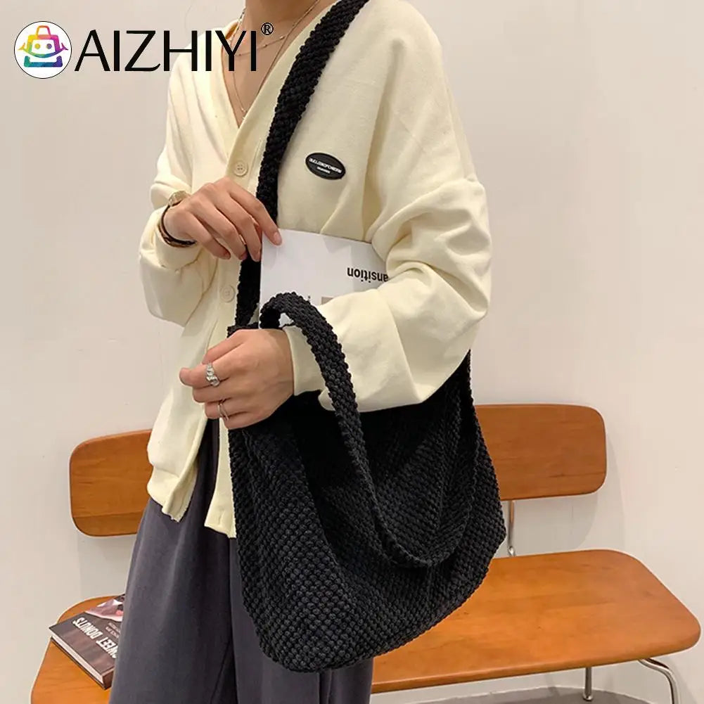 Women Knitting Shoulder Bag Lady Autumn Crochet Zipper Handbag Large Shopping