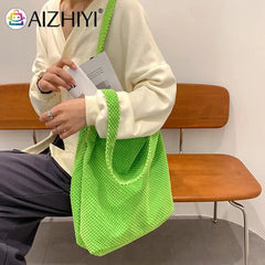 Women Knitting Shoulder Bag Lady Autumn Crochet Zipper Handbag Large Shopping