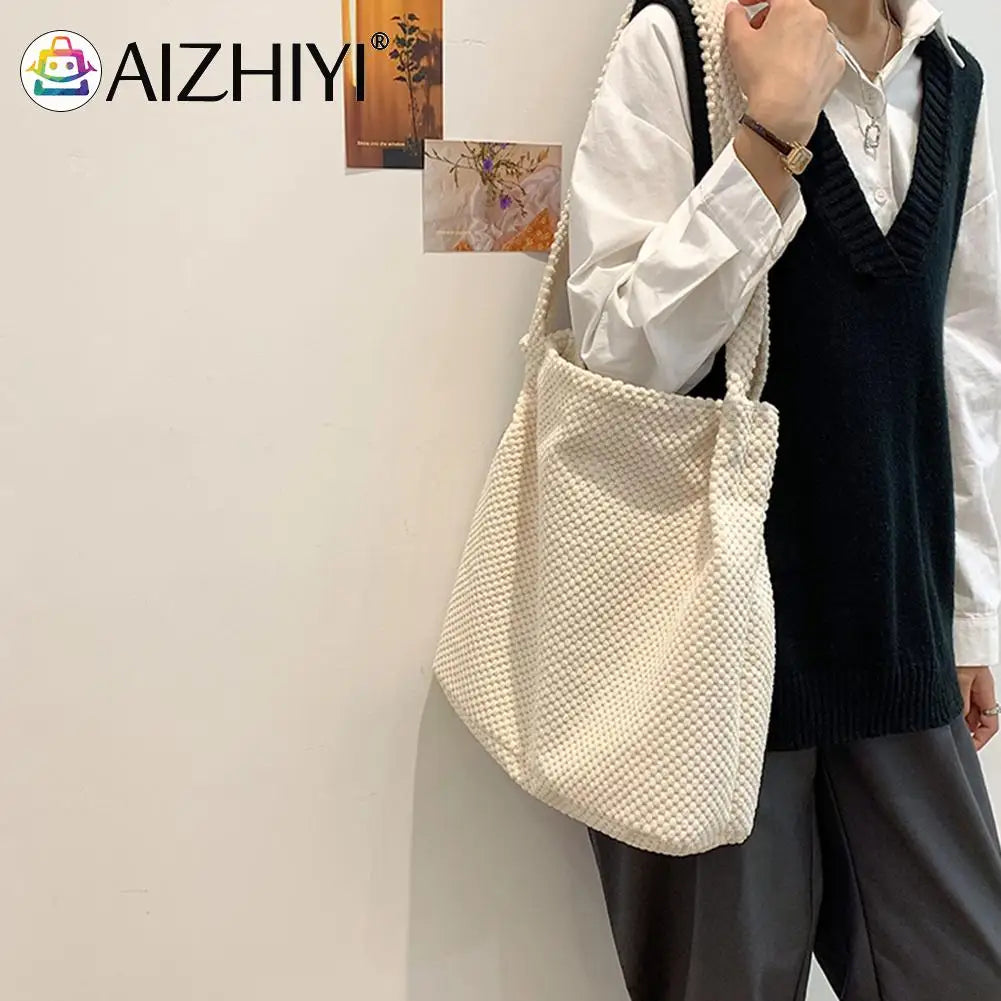 Women Knitting Shoulder Bag Lady Autumn Crochet Zipper Handbag Large Shopping