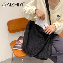 Women Knitting Shoulder Bag Lady Autumn Crochet Zipper Handbag Large Shopping
