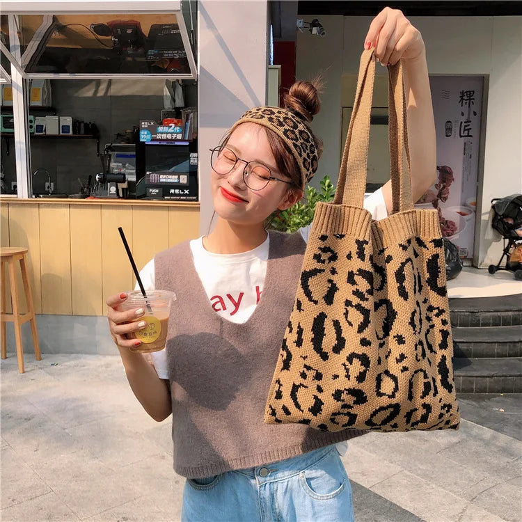 Women Japanese Knitted Fashion Leopard Shoulder Bag