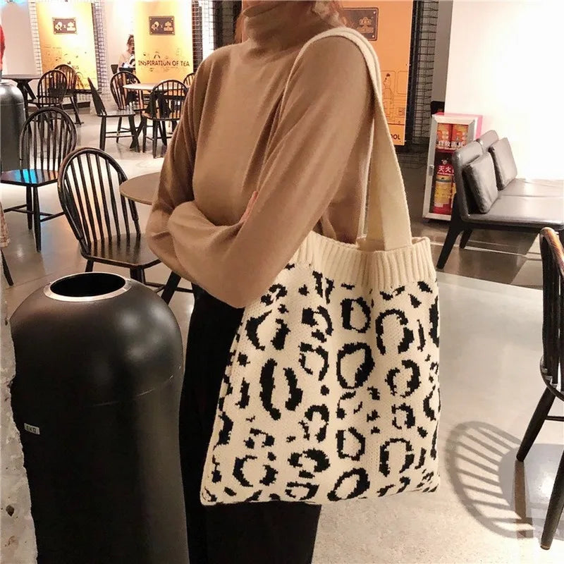 Women Japanese Knitted Fashion Leopard Shoulder Bag