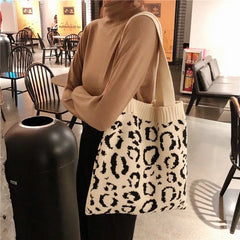 Women Japanese Knitted Fashion Leopard Shoulder Bag