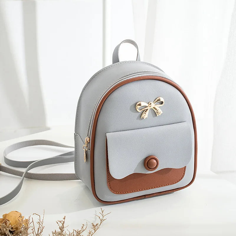 Women Mini Backpack Small Backless Bag Bow Patchwork Multi-Functional PU Leather
