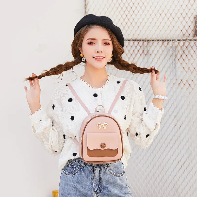 Women Mini Backpack Small Backless Bag Bow Patchwork Multi-Functional PU Leather