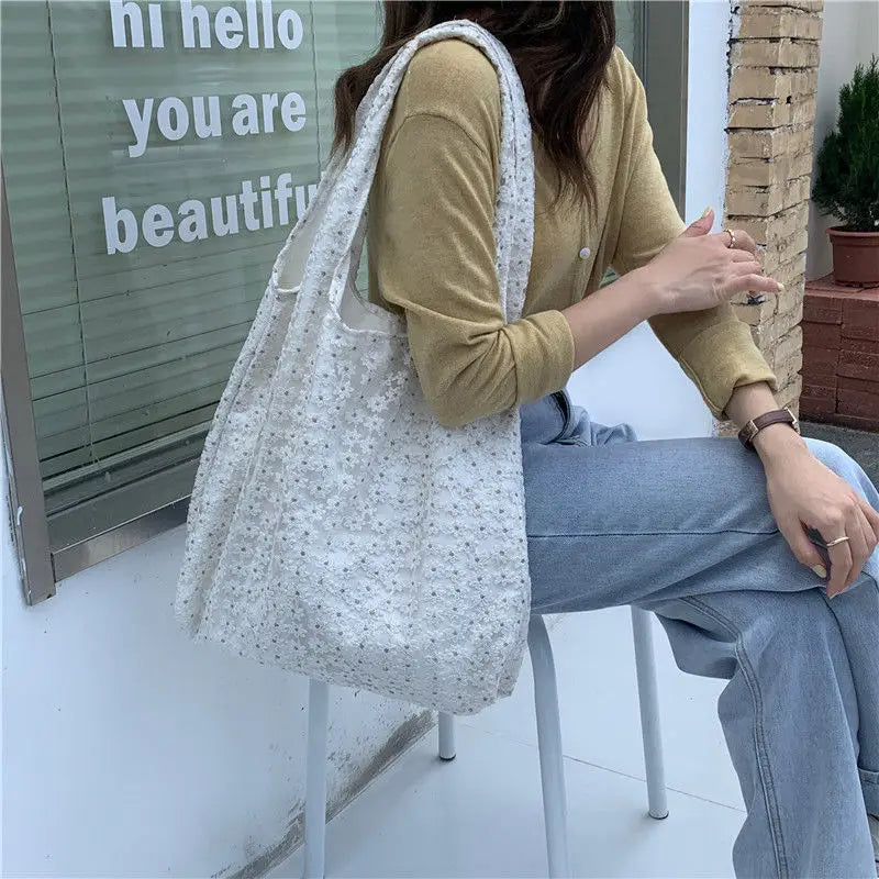 Floral Lace Shoulder Bag Large Capacity Canvas Shopping Tote