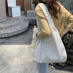 Floral Lace Shoulder Bag Large Capacity Canvas Shopping Tote