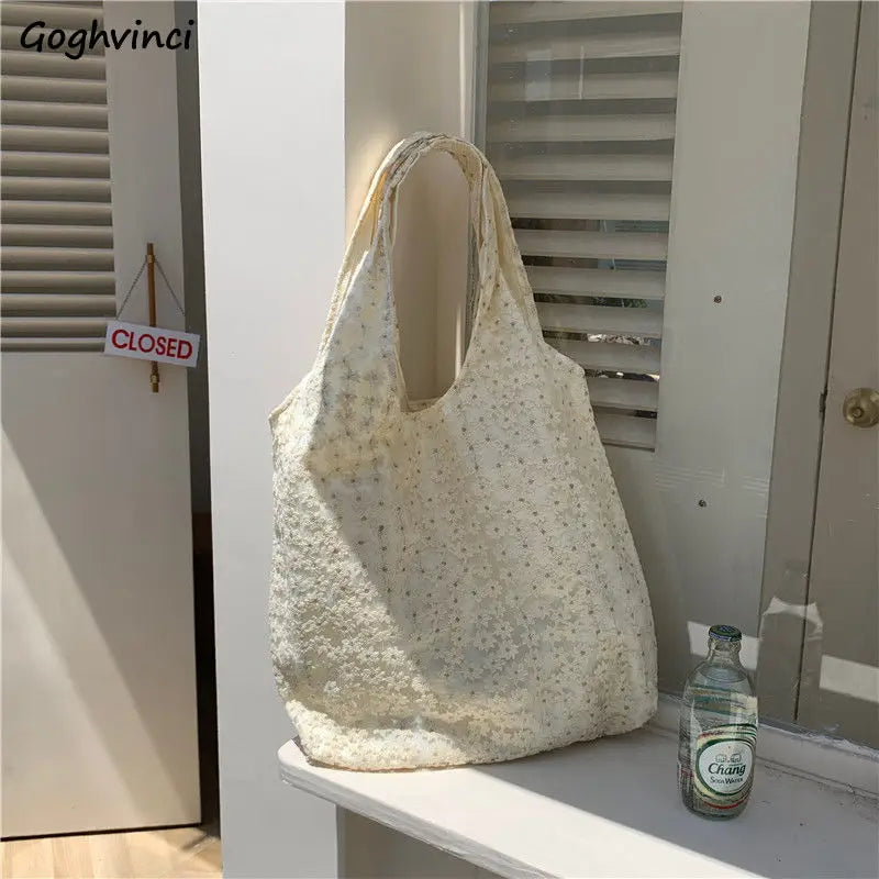Floral Lace Shoulder Bag Large Capacity Canvas Shopping Tote