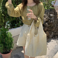 Floral Lace Shoulder Bag Large Capacity Canvas Shopping Tote