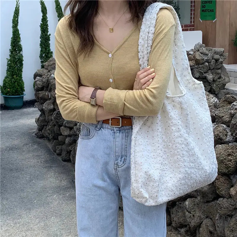 Floral Lace Shoulder Bag Large Capacity Canvas Shopping Tote