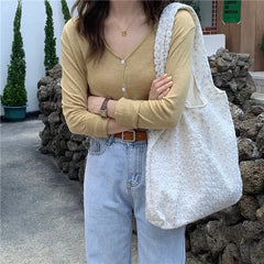 Floral Lace Shoulder Bag Large Capacity Canvas Shopping Tote