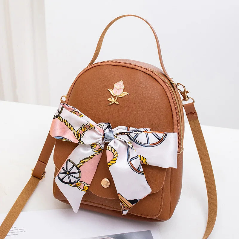Women Ladies Bag Silk Scarf Rose Small Backpack Casual Cell Phone Bag