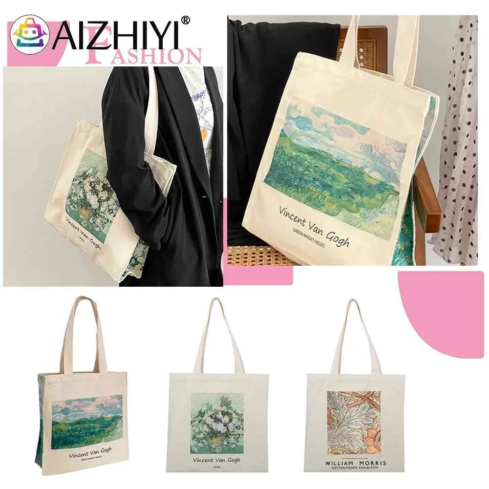Women Foldable Canvas Van Gogh Painting Grocery Shopper Bag Zipper Vintage
