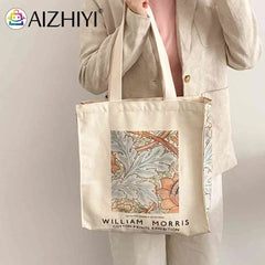 Women Foldable Canvas Van Gogh Painting Grocery Shopper Bag Zipper Vintage