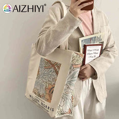 Women Foldable Canvas Van Gogh Painting Grocery Shopper Bag Zipper Vintage