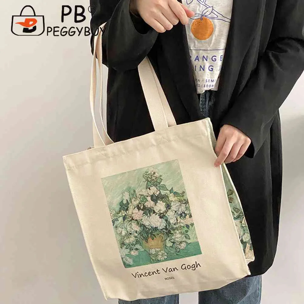 Women Foldable Handbag Van Gogh Painting Grocery Shopper Storage Bag Zipper