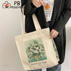 Women Foldable Handbag Van Gogh Painting Grocery Shopper Storage Bag Zipper