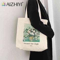 Women Foldable Canvas Van Gogh Painting Grocery Shopper Bag Zipper Vintage