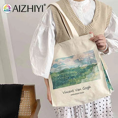 Women Foldable Canvas Van Gogh Painting Grocery Shopper Bag Zipper Vintage