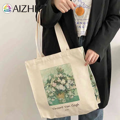 Women Foldable Canvas Van Gogh Painting Grocery Shopper Bag Zipper Vintage