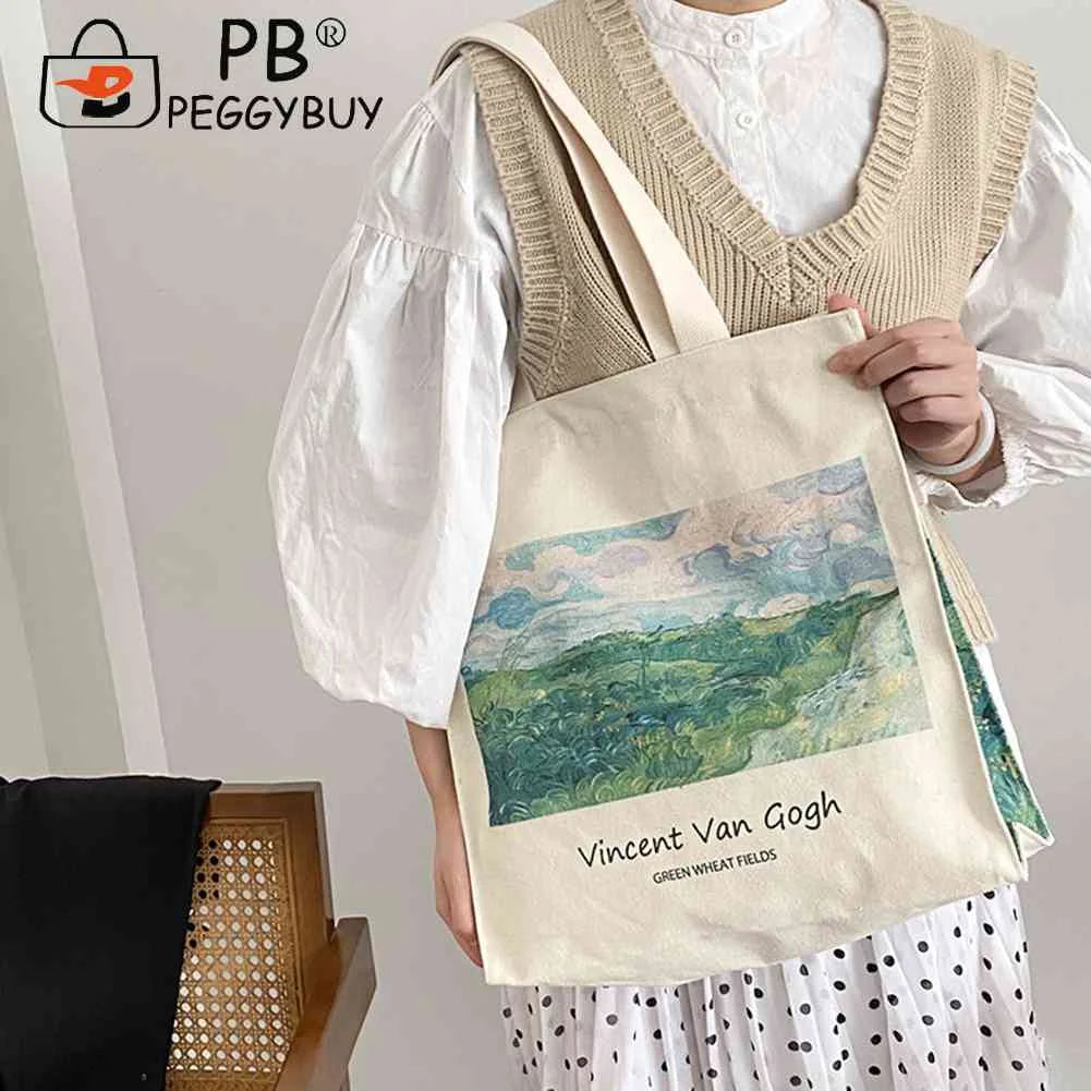 Women Foldable Handbag Van Gogh Painting Grocery Shopper Storage Bag Zipper