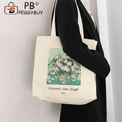 Women Foldable Handbag Van Gogh Painting Grocery Shopper Storage Bag Zipper