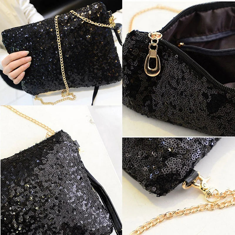 Women Glitter Sequins Envelope Clutch Bag Wallet Purse Silver