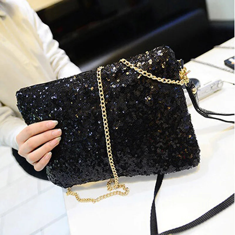 Women Glitter Sequins Envelope Clutch Bag Wallet Purse Silver