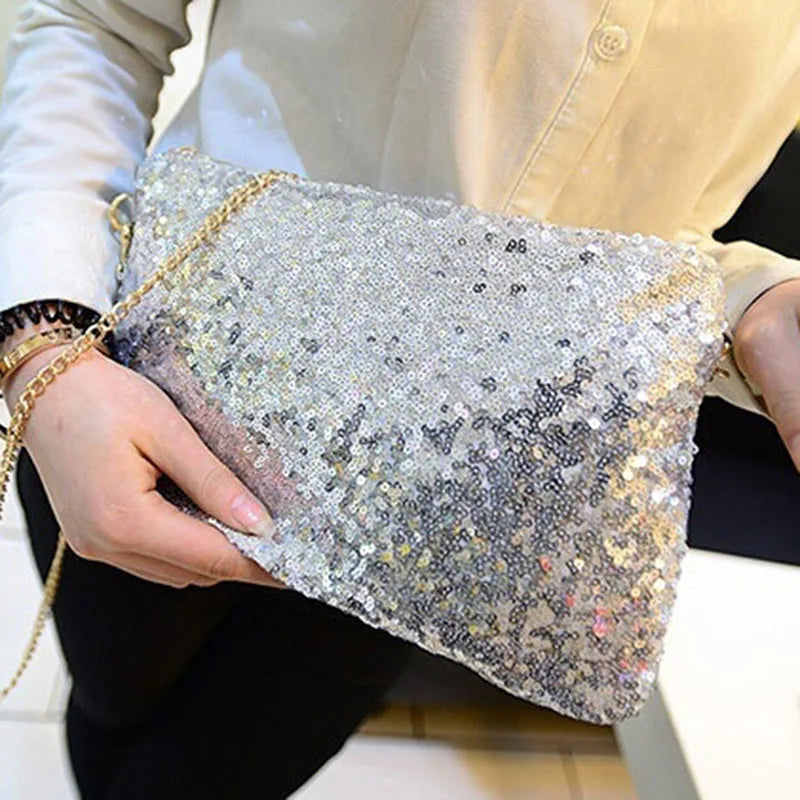 Women Glitter Sequins Envelope Clutch Bag Wallet Purse Silver
